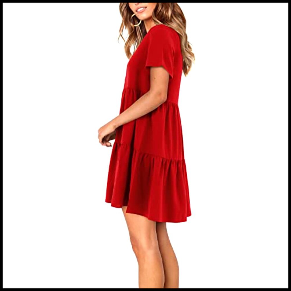 Women's Summer Tunic Dress V Neck Short Sleeve Loose Flowy Swing Shift - Picture 2 of 6